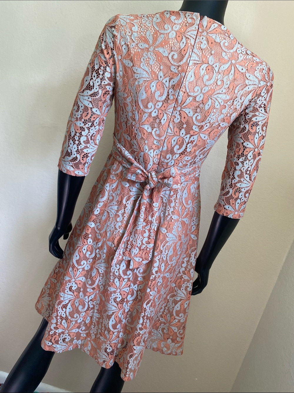 Women's Lace Overlay Fit-and-Flare Dress in Rust Orange and Light Blue - Picture 7 of 13